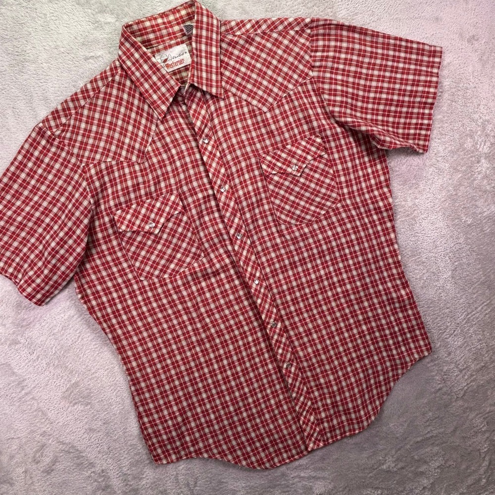 Vintage Van Cort Mens Westerner Shirt Sz Large Red Plaid Pearl Snap Short Sleeve